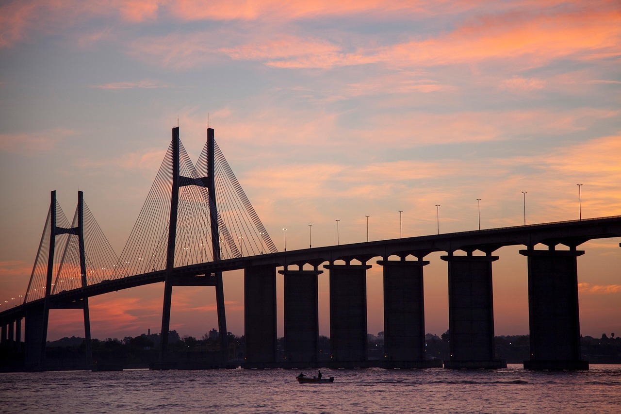 rosario victoria bridge, argentina, sunset, nature, landscape, infrastructure