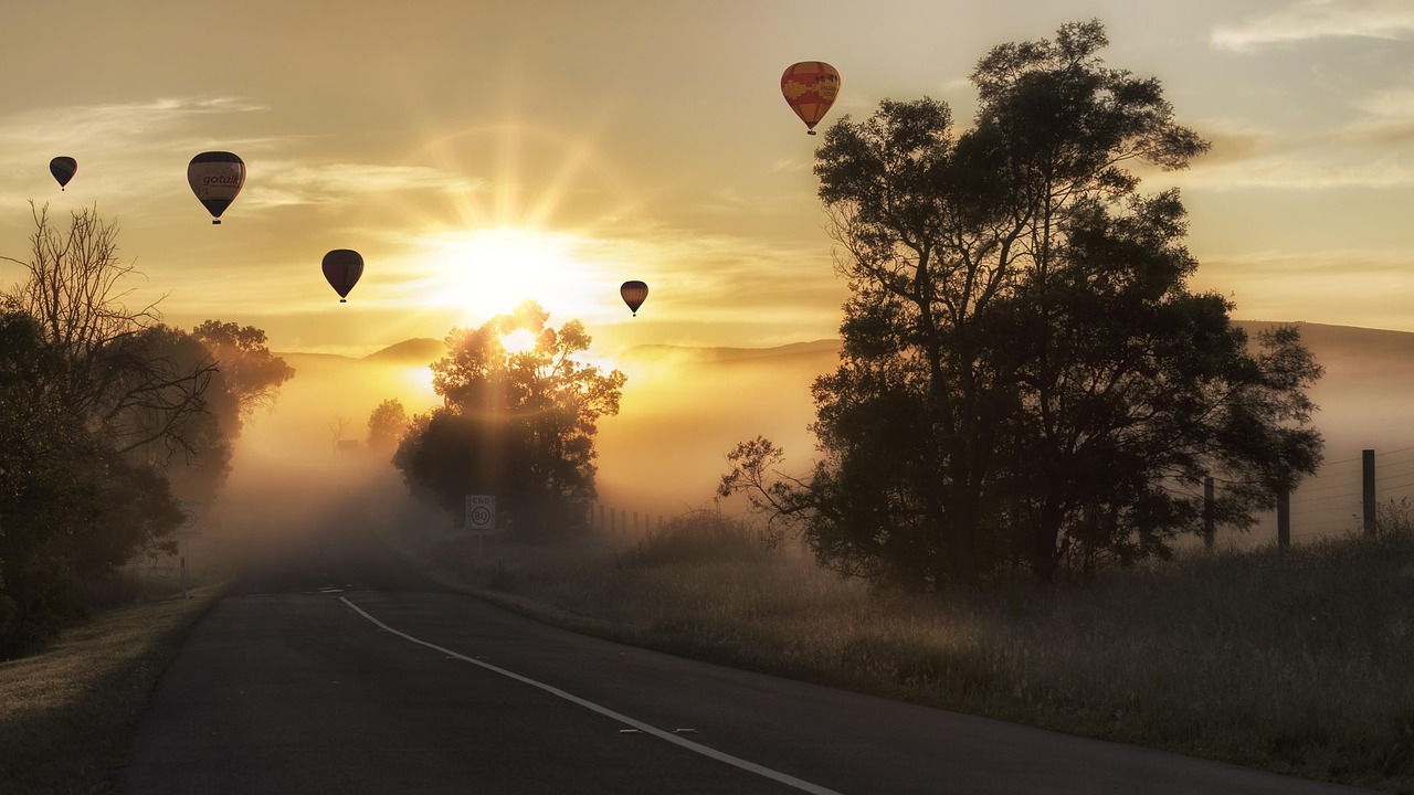 hot air balloons, road, fog, sunrise, morning fog, foggy, haze, mist, misty, street, lane, avenue, hot air balloon ride, landscape, nature, sky, flight, air, float, recreation, flying, aircraft, outdoors, rural, countryside